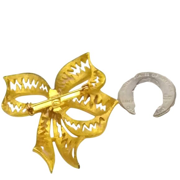 Textured Bow Brooch, Gold Tone Pin with ZigZag Piercings, Elegant Ribbon - Picture 4 of 4